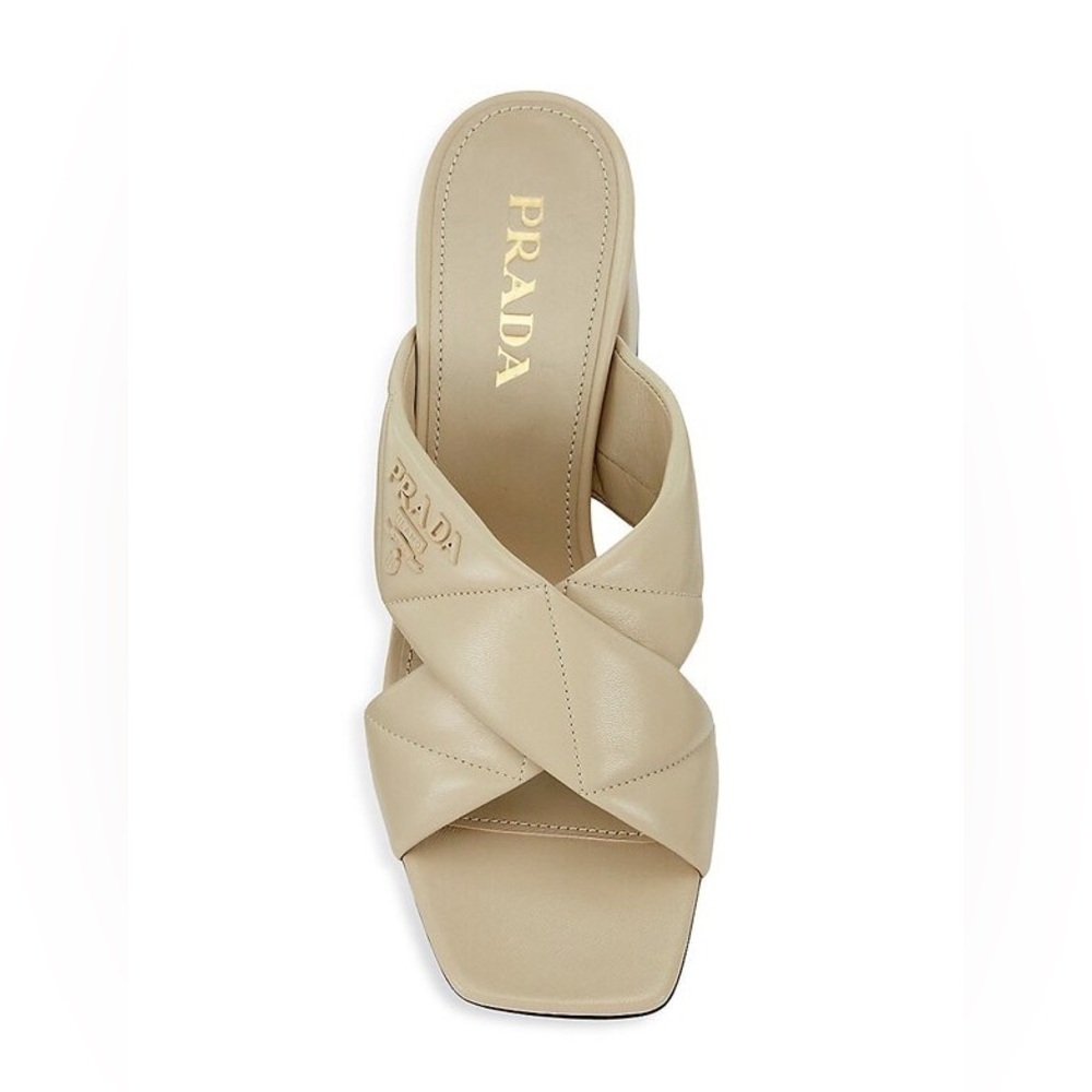 Prada Beige pebbled leather quilted criss cross 65mm block heel mules EU 40 - Picture 5 of 14